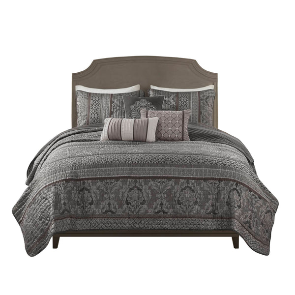 English Elm 6-Piece Jacquard Quilt Set Full/Queen with Plush Brushed Backing, Decorative Pillows, Grey Elegance Multicolor 15.35 L x 17.72 W x 10.63 H B035P408227