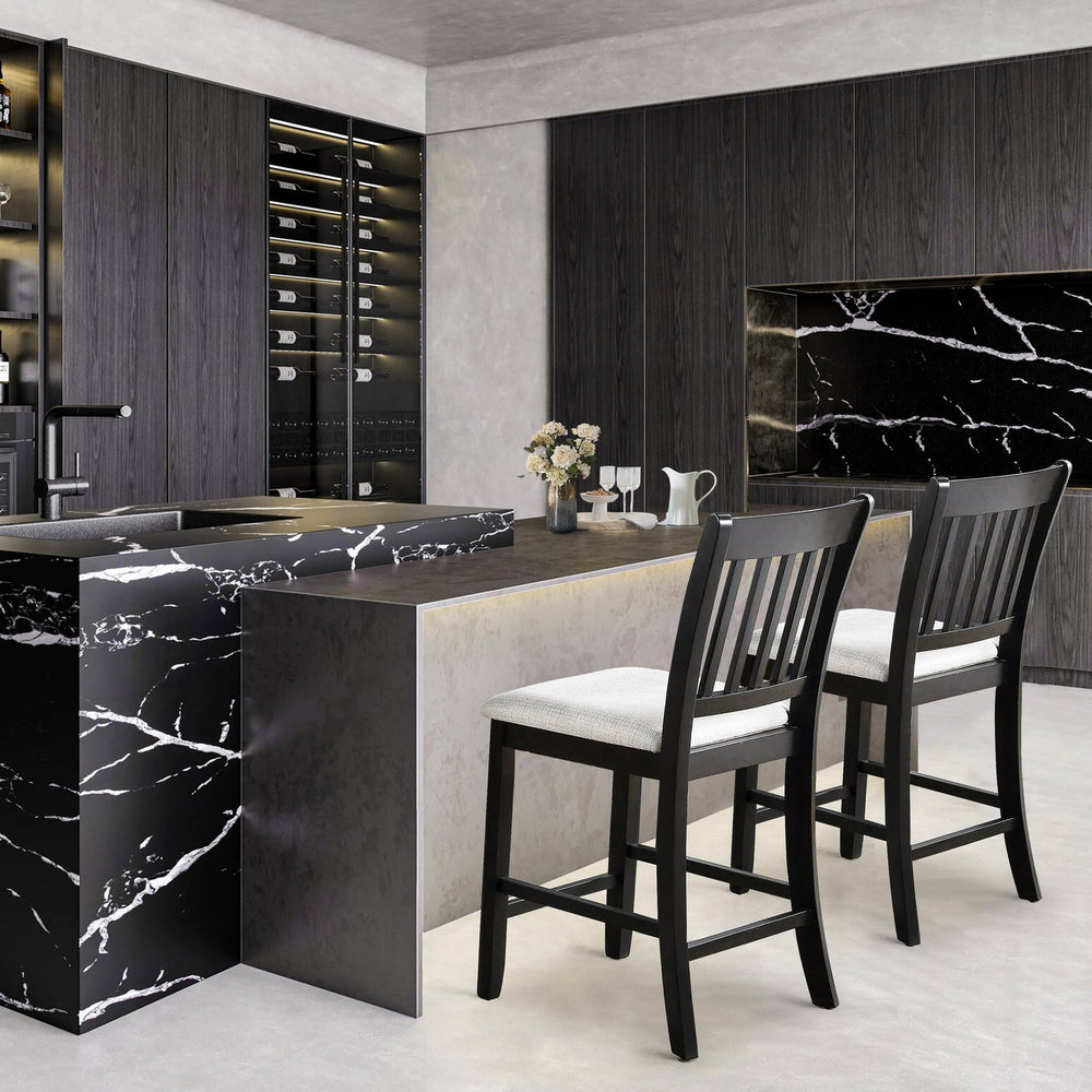 English Elm Casual Rubberwood Dining Chairs Set of 2 in Black with Linen Seats, Slatted Back, Comfortable Seating W2170140356