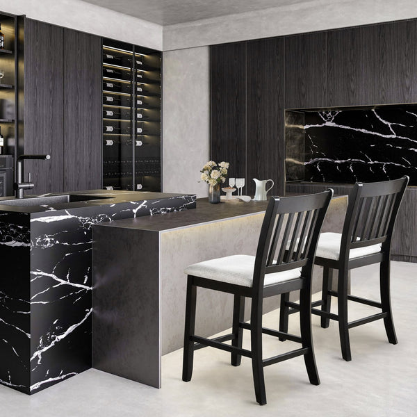 English Elm Casual Rubberwood Dining Chairs Set of 2 in Black with Linen Seats, Slatted Back, Comfortable Seating W2170140356