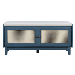 English Elm Trexm Bohemian Rattan Storage Bench Cushioned Seat Shoe Cabinet for Entryway Antique Navy,Beige N715P308012M