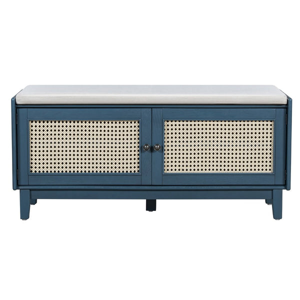 English Elm Trexm Bohemian Rattan Storage Bench Cushioned Seat Shoe Cabinet for Entryway Antique Navy,Beige N715P308012M
