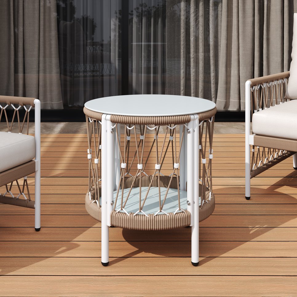 English Elm Christopher Knight Home® - 17.32" Bohemian Garden Accent Outdoor Side Table — Handwoven Rope, Powder-Coated Steel Frame, Tempered Glass Top, Beige+Natural N767P306731B