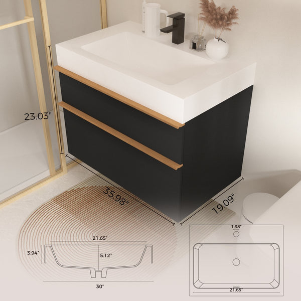 English Elm VELA 36 Inch Wall Mounted Bathroom Vanity with Integrated Acrylic Sink, Dual Wood Handles, Soft-Close Drawers, Matte Finish Black W3235P327618