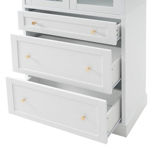 English Elm 70.1" Modern Tall Storage Cabinet with 3 Drawers, 2 Adjustable Shelves, Soft-Close Glass Doors, Gold Handles White N729P271979K