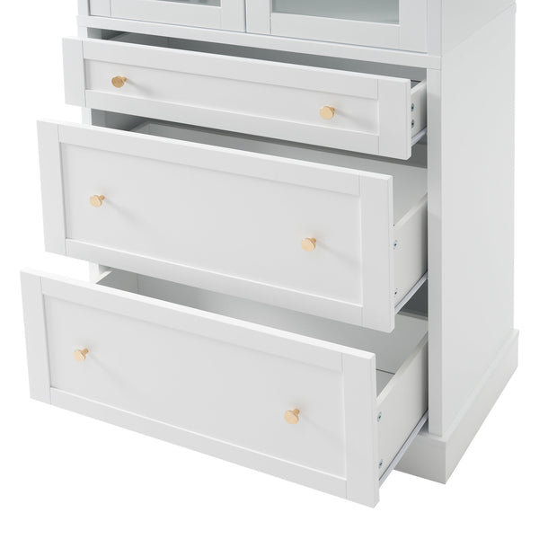 English Elm 70.1" Modern Tall Storage Cabinet with 3 Drawers, 2 Adjustable Shelves, Soft-Close Glass Doors, Gold Handles White N729P271979K