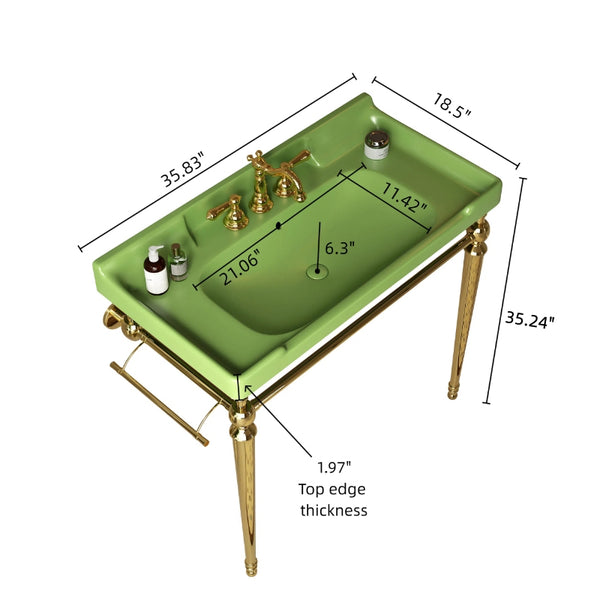 English Elm VICI 36" Bathroom Console Sink with Integrated Ceramic Basin, 3-Hole Faucet, Stainless Legs & Towel Bar Gold,Green W2615S00104