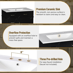 English Elm 30-Inch Bathroom Vanity with Ceramic Sink, Gold Handles, Solid Wood Frame and Soft-Close Drawers Black N729P195052B