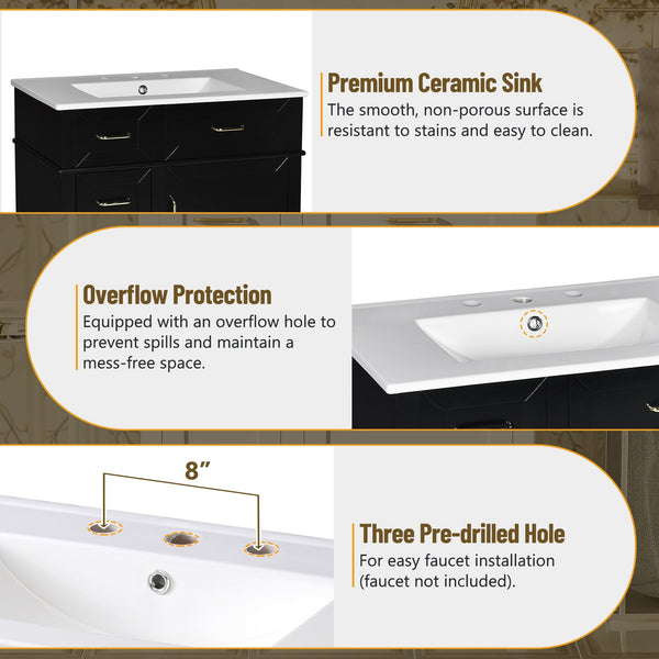 English Elm 30-Inch Bathroom Vanity with Ceramic Sink, Gold Handles, Solid Wood Frame and Soft-Close Drawers Black N729P195052B