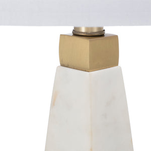 English Elm D15x26" White Marble Pyramid Table Lamp with Gold Trim and Drum Shade — Minimalist Bedside Accent (26H) W2078P395817