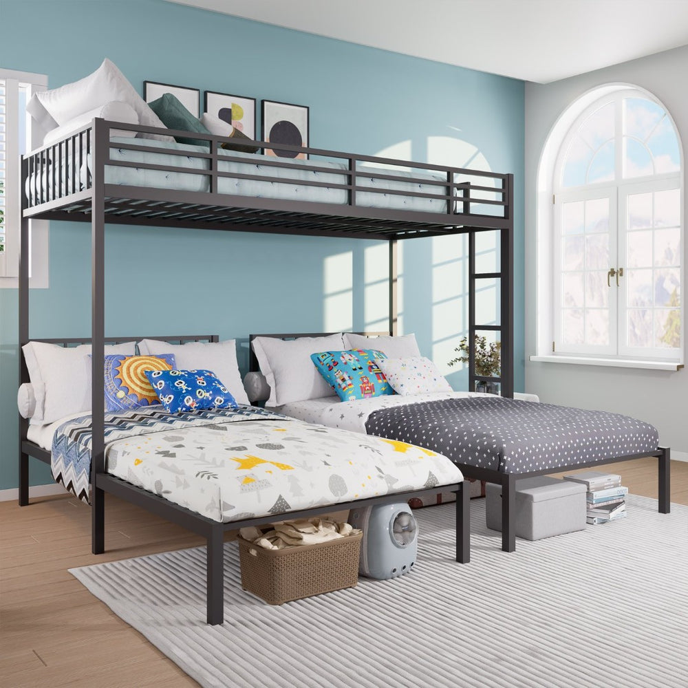 English Elm Triple Bunk Bed Steel Frame Sleeps Three Kids with Noise Reduced Powder Coated Design W3752S00003