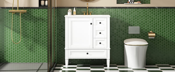English Elm 30 30 Inch Bathroom Vanity with Ceramic Sink, Modern Compact 3-Drawer Storage Cabinet for Small Baths White N710P247499K