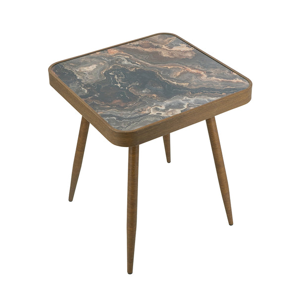 English Elm 17.3x17.3x18" Elegant Square Accent Table with Glass Top, Faux Marble Surface & Antique Gold Legs W2078P406644