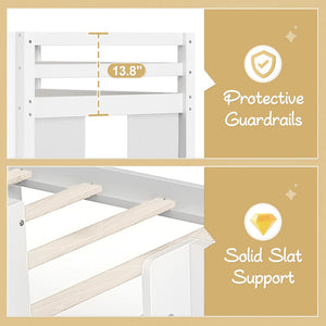 English Elm Twin Xl Low Loft Bed with Curtain Hideaway Chalkboard and Built-in Storage Shelves W1580S00399