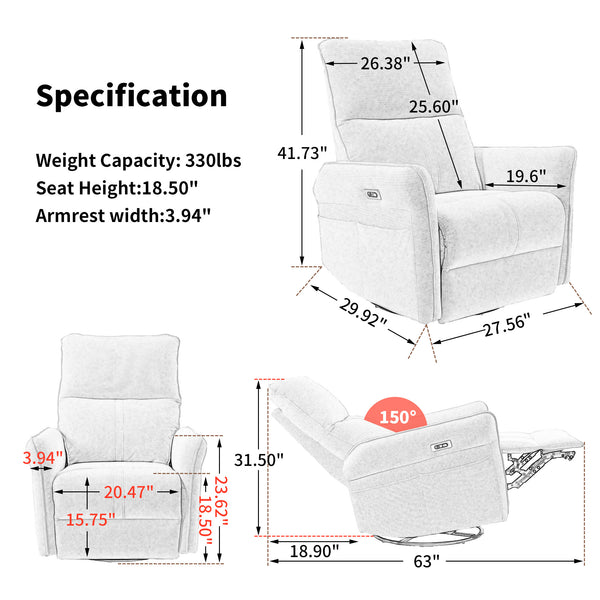 English Elm 270° Power Swivel Rocker Recliner Chair - Pu Leather Electric Glider With Usb Ports For Comfort W1028S00026