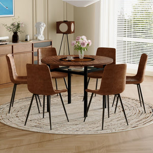 English Elm Table Set 42 Inch Round Wood Grain Glass Inlay with Six Tech-fabric Dining Chairs W1151S04480