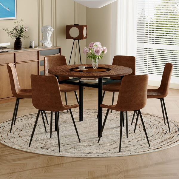 English Elm Table Set 42 Inch Round Wood Grain Glass Inlay with Six Tech-fabric Dining Chairs W1151S04480