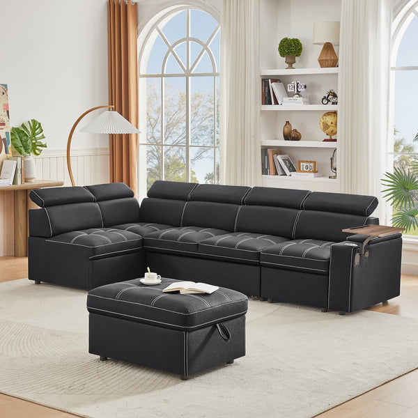 English Elm Black Fabric Sectional Sofa Bed with Storage Ottoman, Pocket Spring Seats, Solid Wood Frame, Modern Durable Design W588S00075