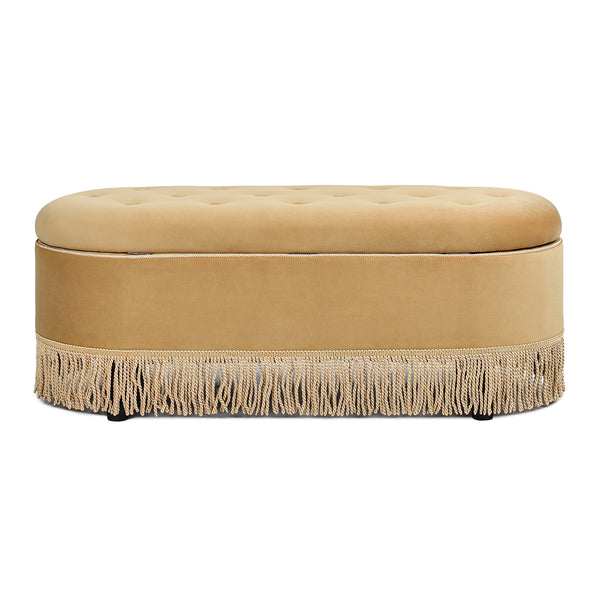 English Elm Jennifer Taylor Home - Melinda Oval Tufted Storage Bench with Bullion Fringe, Gold Velvet Upholstery, Vintage Charm Yellow B2719P238471