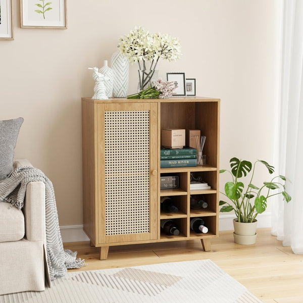 English Elm Rattan Cane Front Sideboard with Drawers Adjustable Shelf Bohemian Storage Cabinet Natural T3623P434759