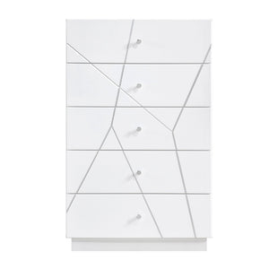 English Elm Glamorous White Gloss 5-drawer Tall Chest with Etched Geometric Fronts for Bedroom B011P429135