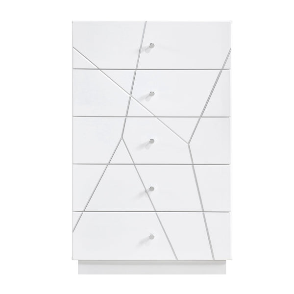 English Elm Glamorous White Gloss 5-drawer Tall Chest with Etched Geometric Fronts for Bedroom B011P429135