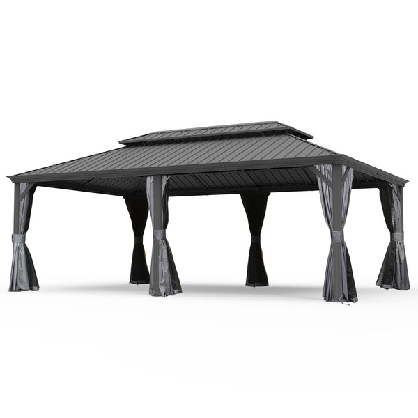 English Elm 14' X 22' Hardtop Gazebo with Drainage System, Dual-Layer Galvanized Roof, Curtains & Mesh Protection Grey W1859S00153