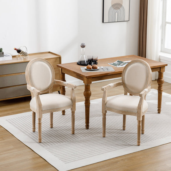 English Elm French Vintage Solid Wood Dining Chair Set of 2 — Carved Handrail, Linen Upholstery, Dense Foam Comfort W1622123549