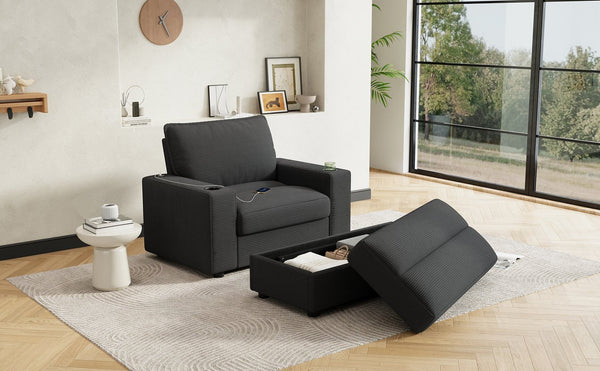 English Elm Christopher Knight Home® - 42.8" Oversized Chaise Lounge with Storage Ottoman, Corduroy Upholstery, USB Port & Cup Holders for Cozy Living Space Grey N765P350851G