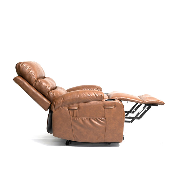 English Elm 21"seat Large Electric Power Lift Recliner Chair with 8-Point Vibration Massage, Lumbar Heat, Remote Control and Cup Holders for Easy Standing Comfort and Pocket Storage Brown W311P316089