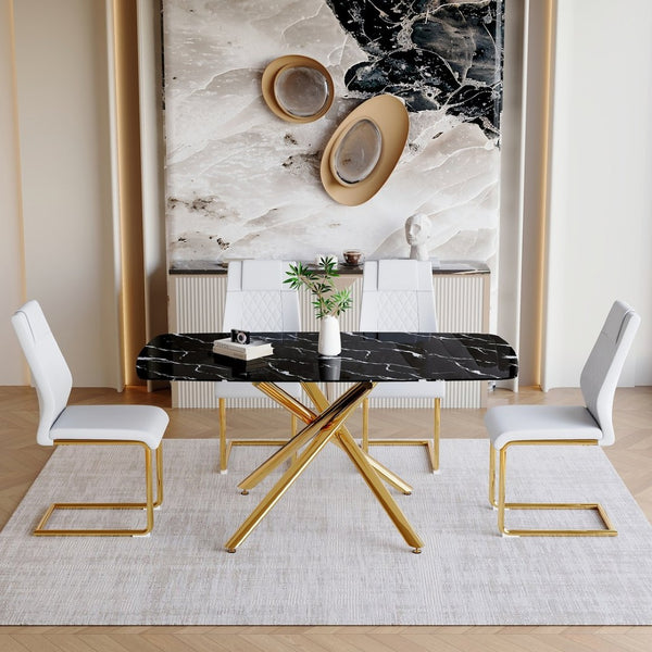 English Elm Table and Chair Set Marble Tempered Glass Top Gold Sculptural Legs Four Pu Seats Black+Gold,White W1151S03294