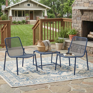 English Elm Kincaid Outdoor Iron Mesh Conversation Set Rust Resistant Patio Chairs with Side Table Navy Blue N775P392159N