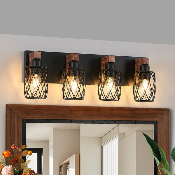 English Elm 24" Industrial Vintage 4-Light Wall Sconce with Black Iron Cage and Walnut Wood Accents for Bathroom W2312P374838