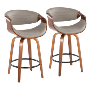 English Elm Symphony Mid-Century Counter Stools Set of 2 — Walnut Bent Wood Legs, Grey Faux Leather Swivel 360˚ B202S00376