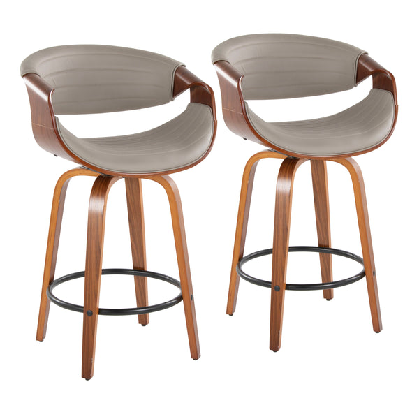 English Elm Symphony Mid-Century Counter Stools Set of 2 — Walnut Bent Wood Legs, Grey Faux Leather Swivel 360˚ B202S00376