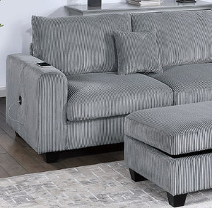 English Elm Contemporary 3pc Sectional Set with USB Charging, Corduroy Upholstery, Storage Ottoman & Pillows Fog 77 L x 35 W x 17 H B011S01239