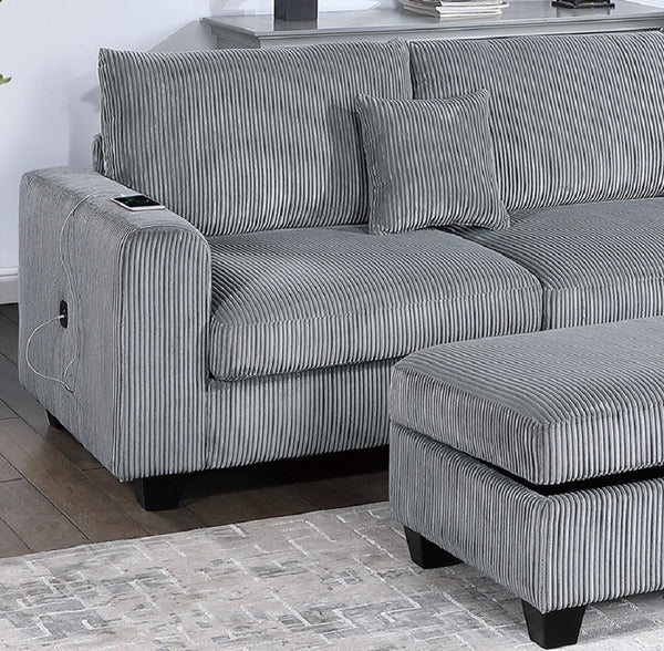 English Elm Contemporary 3pc Sectional Set with USB Charging, Corduroy Upholstery, Storage Ottoman & Pillows Fog 77 L x 35 W x 17 H B011S01239
