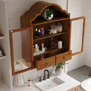 English Elm Vintage Wave-top Solid Wood Wall Cabinet Distressed Brown Finish for Kitchen or Bath W757P433279