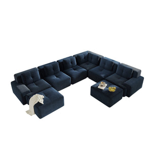 English Elm Modular Corduroy Sectional Sofa 6 Seat V Shaped Corner Couch with Ottomans Living Room Blue W714S01581