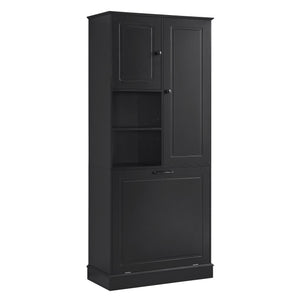 English Elm Tall Storage Cabinet with Flip-Out Basket, Adjustable Shelves & Aluminum Handles for Organized Living Black N725P322739B