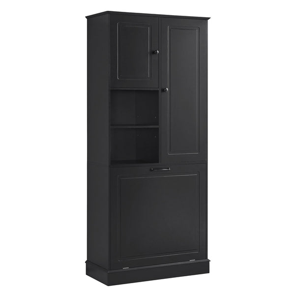 English Elm Tall Storage Cabinet with Flip-Out Basket, Adjustable Shelves & Aluminum Handles for Organized Living Black N725P322739B