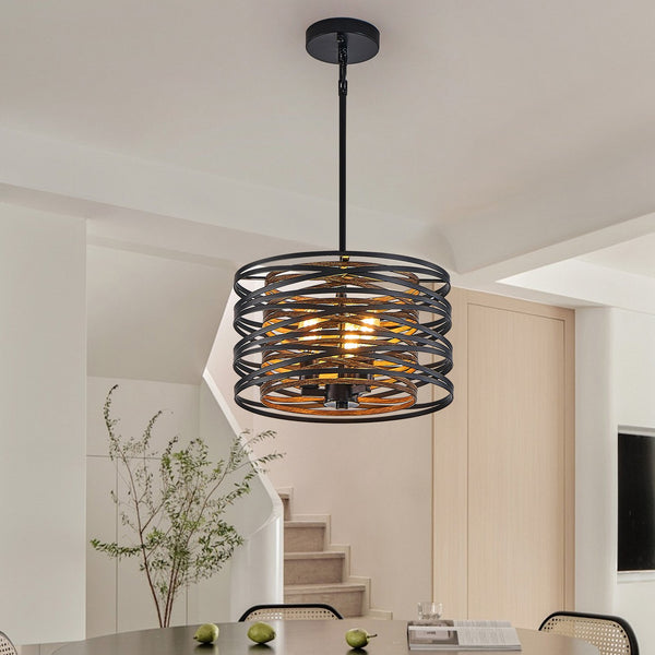 English Elm 13" Rustic Industrial Pendant Light - 3-Light Black & Walnut Metal Cage Chandelier with Wood Accents for Kitchen Island Dining Room Modern Farmhouse W2312P368683