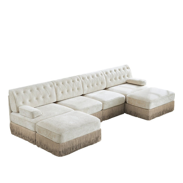 English Elm 4-seater Cloud Sectional with Ottomans Button Tufted Fleece Tassel Skirt Sofa W714S01690