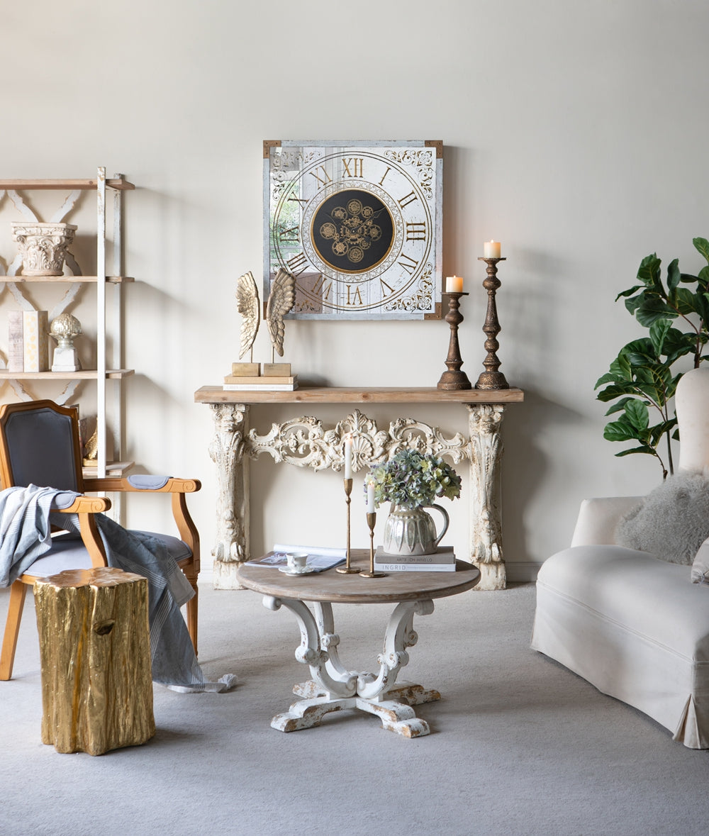 English Elm D31.5x18.5" Farmhouse Round Coffee Table with Distressed White Finish, Scrollwork Legs & Spacious Top W2078P201144