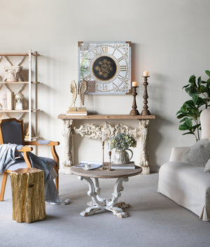 English Elm D31.5x18.5" Farmhouse Round Coffee Table with Distressed White Finish, Scrollwork Legs & Spacious Top W2078P201144