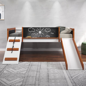 English Elm Aurea Cherry Oak & White Twin Loft Bed with Slide, Built-In Chalkboards, Storage Toy Boxes, Ladder B2726S00077