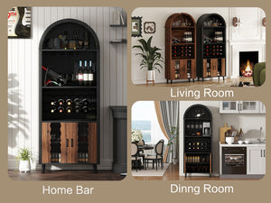English Elm 71"Farmhouse Arched Wine Bar Cabinet with 15 Bottle Racks, 16 Glass Holders, Anti-Tip Safety for Living/Dining Black+Natural W2977P338242