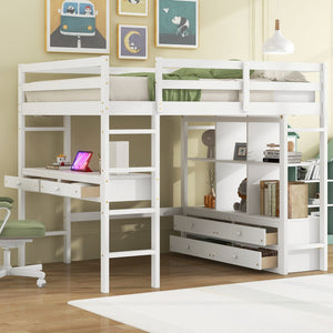 English Elm Full Loft Bed with Built-in Desk, 4 Drawers, 6 Shelves, Pine/MDF White — Space-Saving Study Loft SM000320AAK