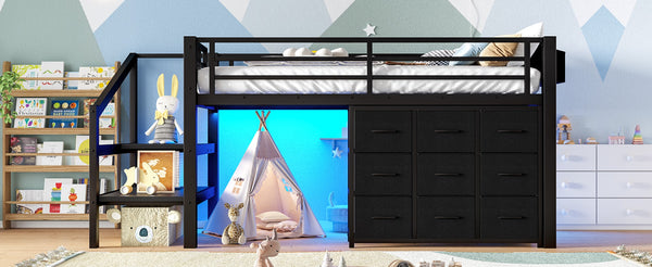 English Elm Twin Metal Low Loft Bed with Storage Stairs Fabric Drawers and Built-in Lights Black W5305S00045