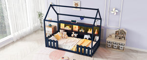 English Elm Twin House Bed with LED Light and Built-In Bookshelf, Solid Wood Playhouse Design for Kids Safety Navy Blue 78.15 L x 15.75 W x 6.1 H W2593P269090