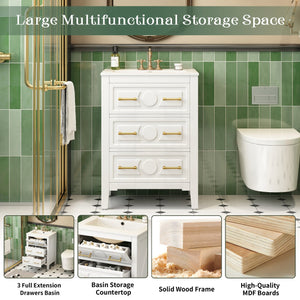 English Elm 24'' Bathroom Vanity with Ceramic Sink and 3 Drawers Retro Solid Wood Frame Freestanding Storage White N710P371184K